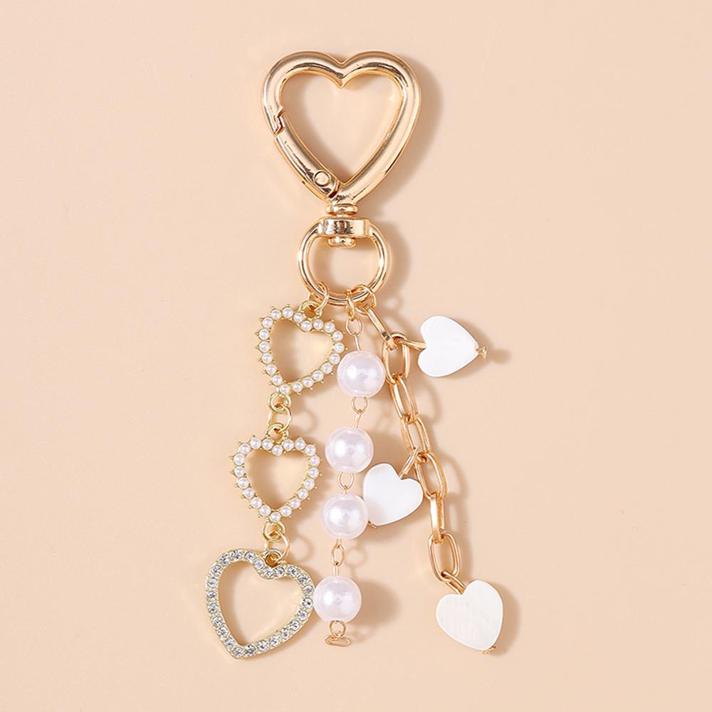 Aihua Niedlicher Y2K Metallschale Liebesherz Schlüsselanhänger Perle Schlüsselring für Frauen Mädchen Handtaschenanhänger DIY Handgemachter Schmuck Zubehör
