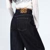 Design lace-up high-waisted wide-leg jeans women's autumn new loose and thin straight floor pants