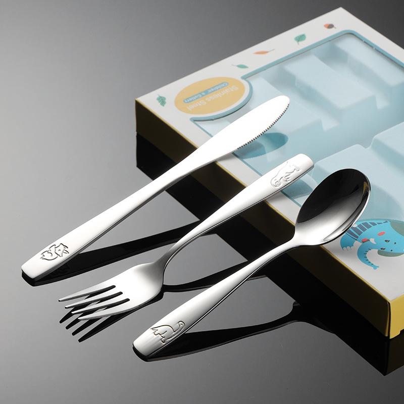 304 Stainless Steel Cartoon Children's Knives, Forks and Spoons Gift Box with Mother and Baby Tableware Dinosaur Bear Western Food