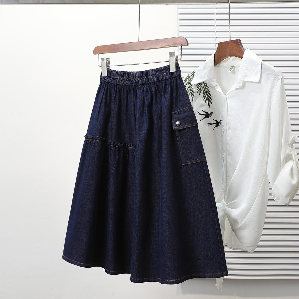 DIMANAF Plus Size Summer Denim Skirts Women Elastic Casual Fashion A-Line Jeans Skirt High Waist Maxi