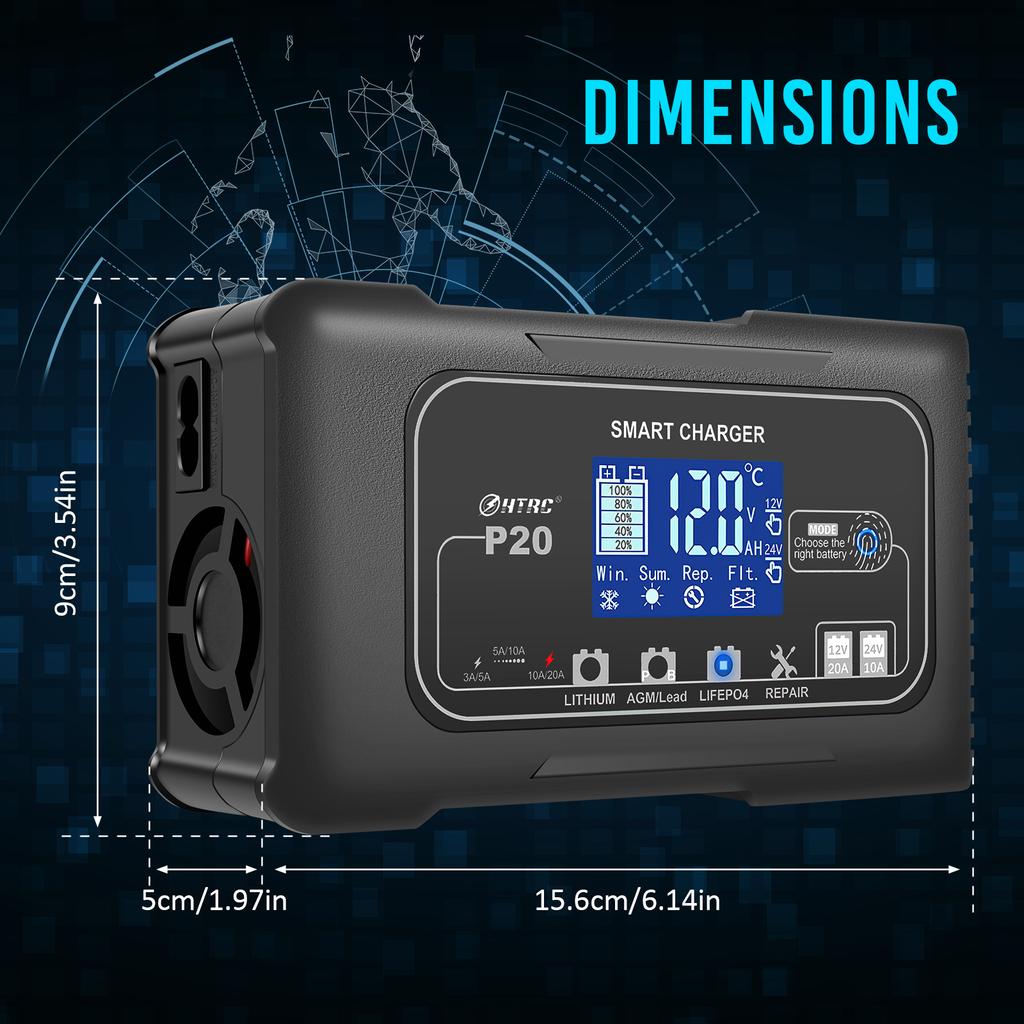 Car Battery Charger 12/24V Fully Automatic Battery Trickle Charger Adjustable Current Lithium Lead-Acid Battery Maintainer