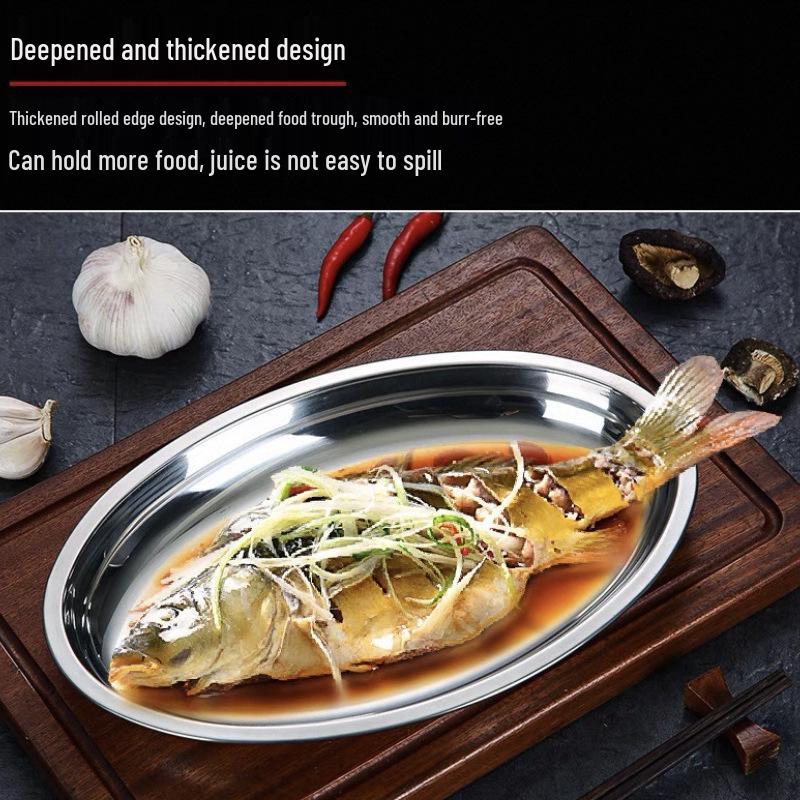 304 Stainless Steel Oval Fish Dish - Creative Steamed Fish Plate, Small Round Dish for Home Use