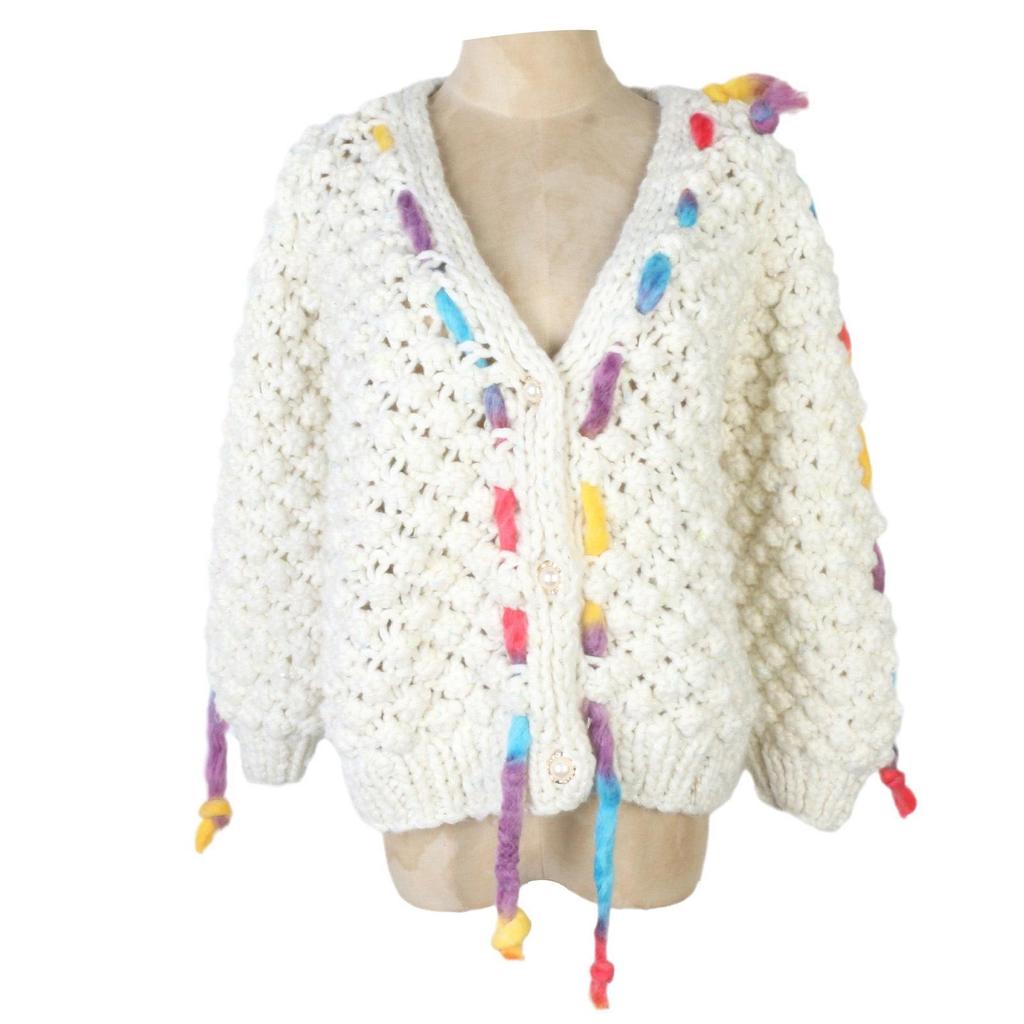 European-American Autumn/Winter V-neck Sweater: Hand-crocheted Rainbow Lazy Style, Loose Fit, Advanced Temperament.