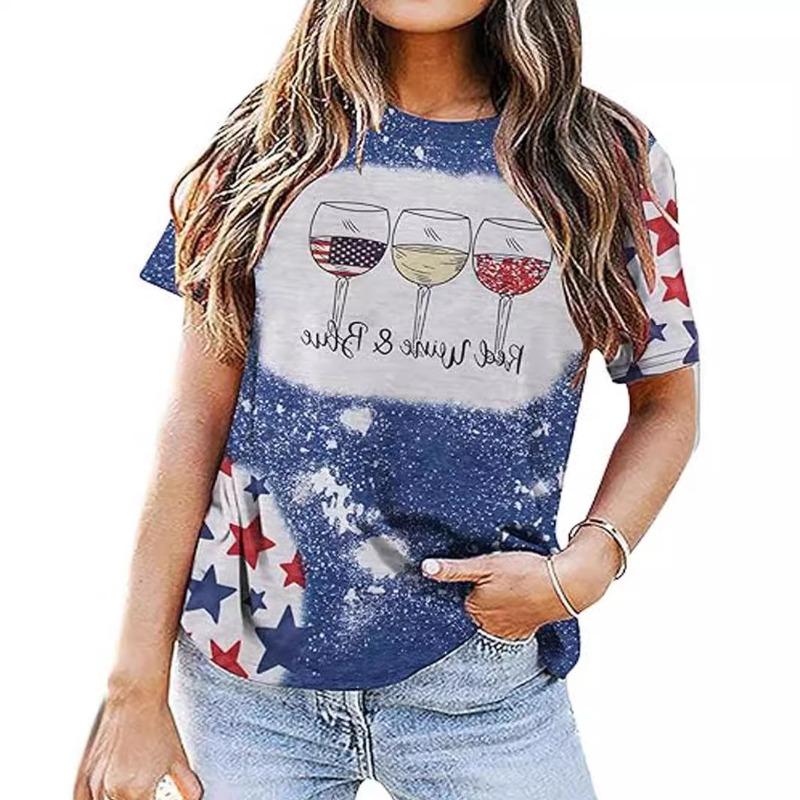 Women's Creative Flag Bottom Top Simple Star Bar Round Neck Short Sleeve T-Shirts Women’s