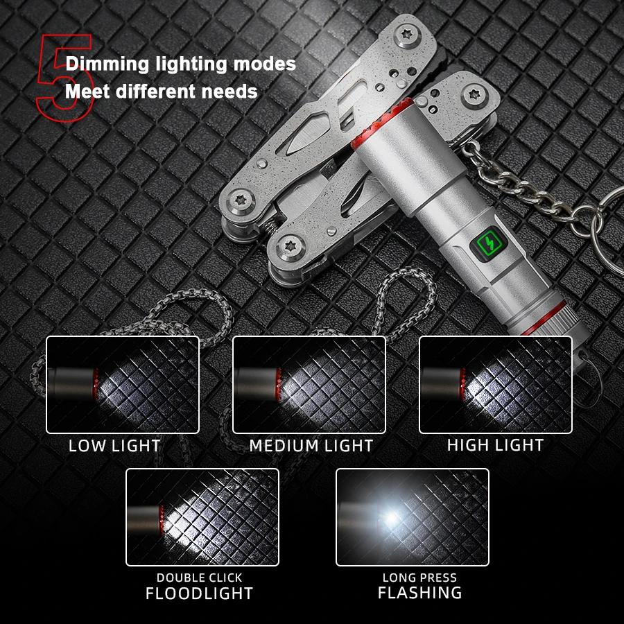 Rechargeable Mini Portable LED Flashlight with Neckchain 5 Lighting Modes Aluminum Alloy Appearance Telescopic Zoom Flashlight
