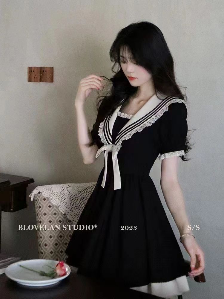 Large Size College Style A-shaped Dress Women's Summer Navy Collar Bow Short Skirt Fat MM Belly Covering and Thin Skirt
