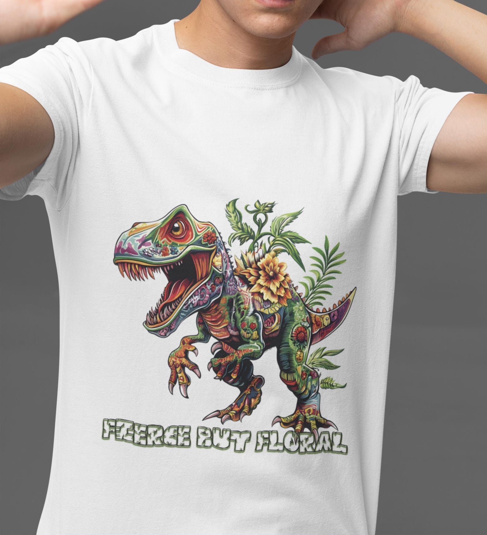 Dino Floral Graphic Tee - Unisex Cotton T-Shirt S