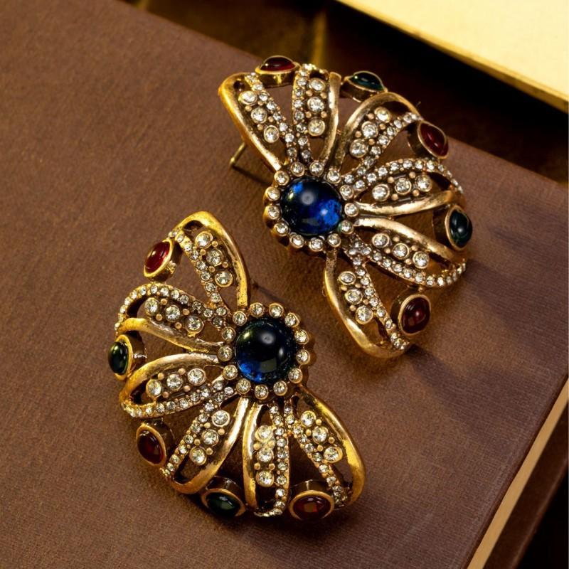 Vintage Colored Rhinestone Inlaid With Flower Earrings Light Luxury Retro Style Medieval Hollowed Out