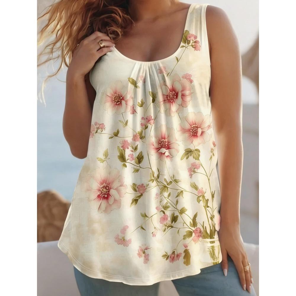 Summer Women's Large Size 3D Printing Flower Vest Loose Fashionable Comfortable Soft Breathable O Neck Sleeveless Vest