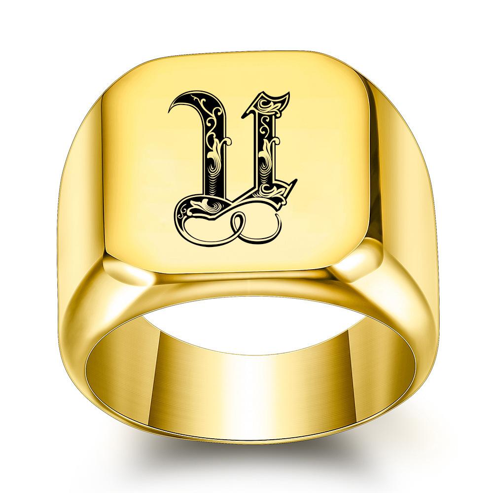Europe, America 26 personalized English initials titanium steel ring male retro punk square 14MM gold trendy male wholesale