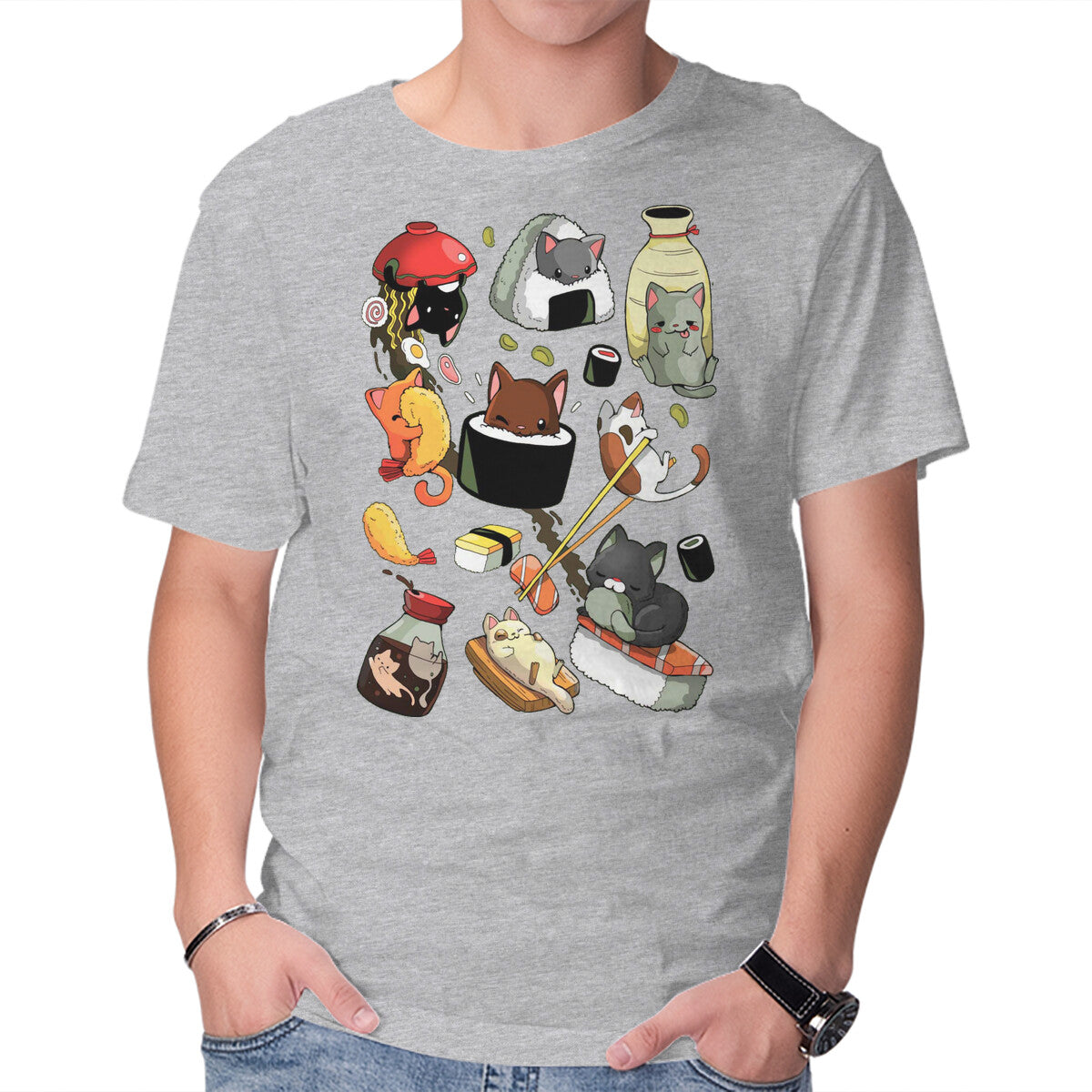 Unisex Crew Neck T-Shirt Sushi Cats Graphic Short Sleeve Casual Tee XL