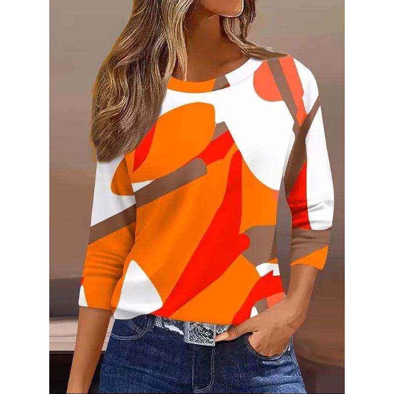 Autumn Women's Flower Stripe 3D Printed Crew Neck T-Shirt