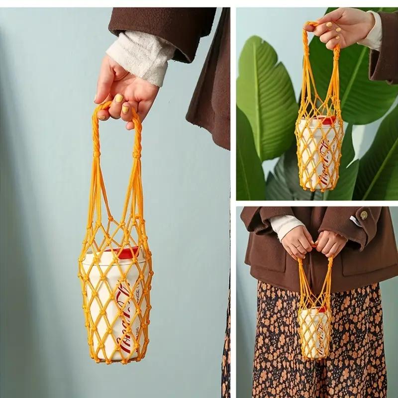 Hand-woven Mesh Bag Water Cup Net Bag Cup Cover Outdoor Leisure Hand-held Water Cup Net Bag Retro Net Celebrity Cup Cover