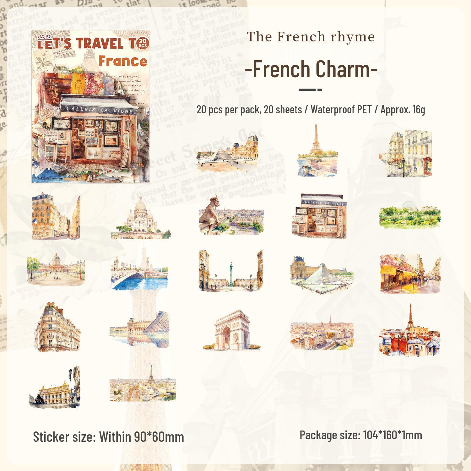 

ZABC Cross-border PET Sticker Pack: Travelogue Series, 8 Styles, 20 Sheets, World Travel DIY Theme