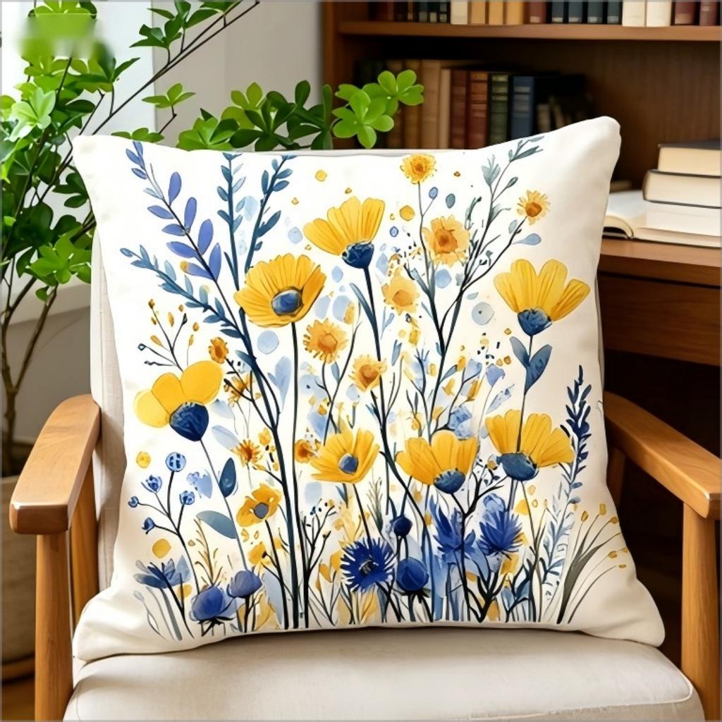 Bohemian Floral Kissenbezug, beidseitig blauer gelber Wildblumen-Druck, waschbar für Sofa Schlafzimmer Dekoration