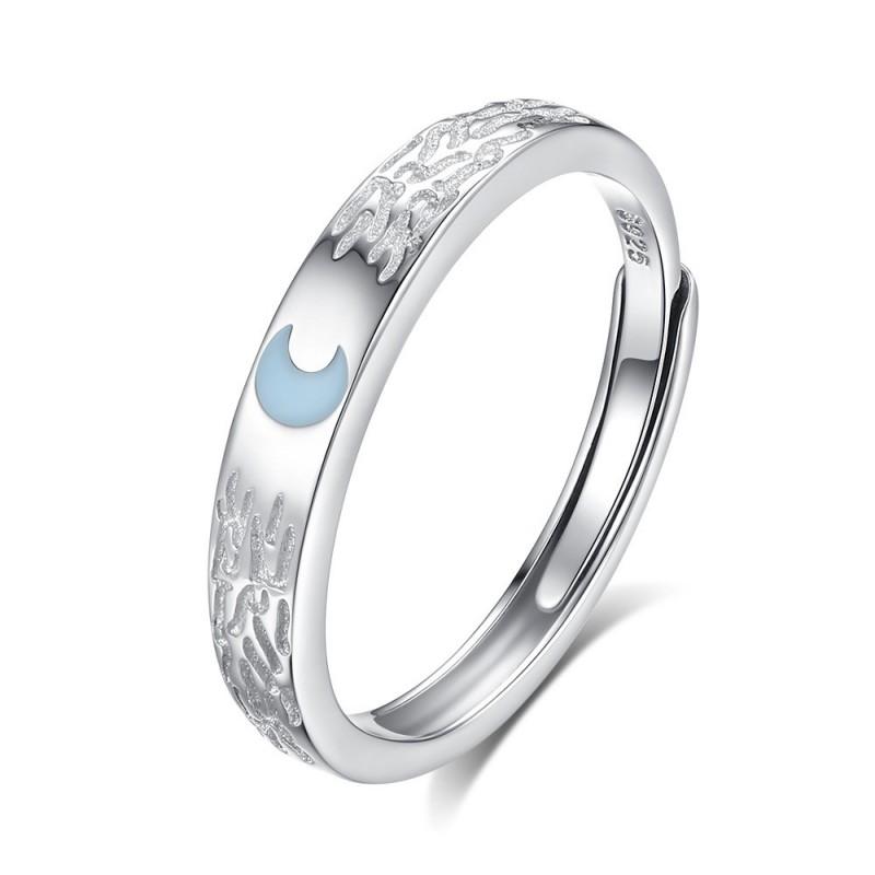 Sterling Adjustable Couple Rings With Camellia Moon Motif Minimalist Fashion Jewelry Men Women