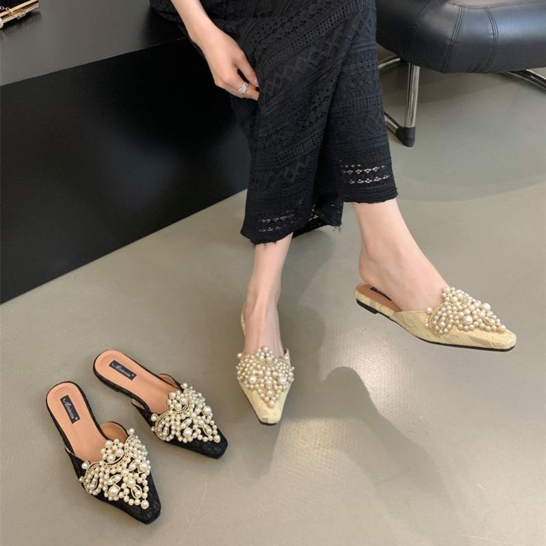 

New pointed rhinestone pearl flats women s flat heel bag head half slippers sexy temperament sandals 39