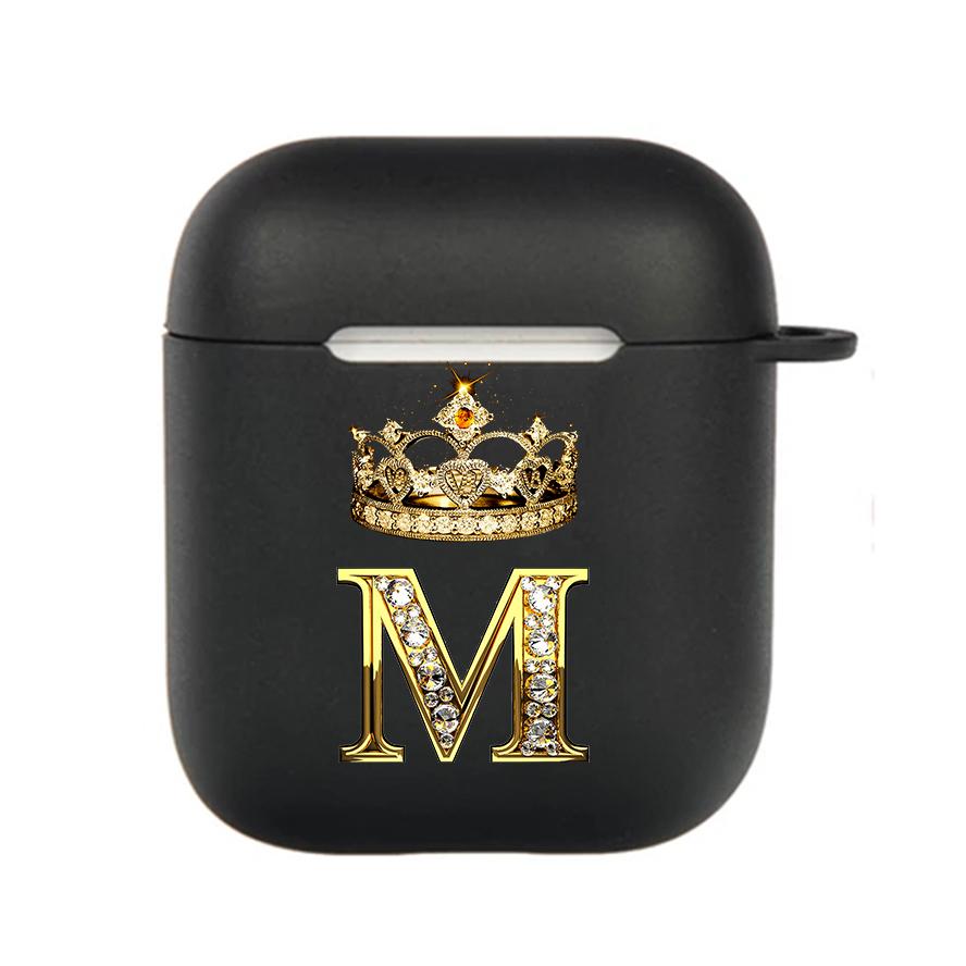Diamond Crown Letter 26 With Hook Case For AirPods 2 3 1 Cases For Apple AirPods Pro 2 Coque Black TPU Soft Earphone Cover