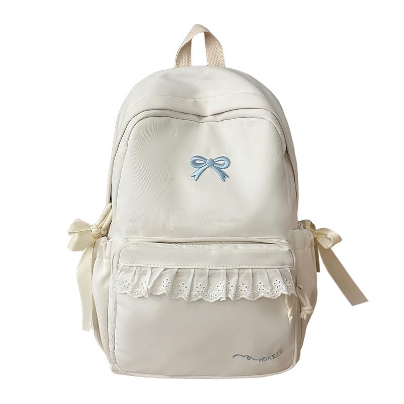 

Bow Embroidered Backpack Nylon Lace Student Schoolbag Small білий