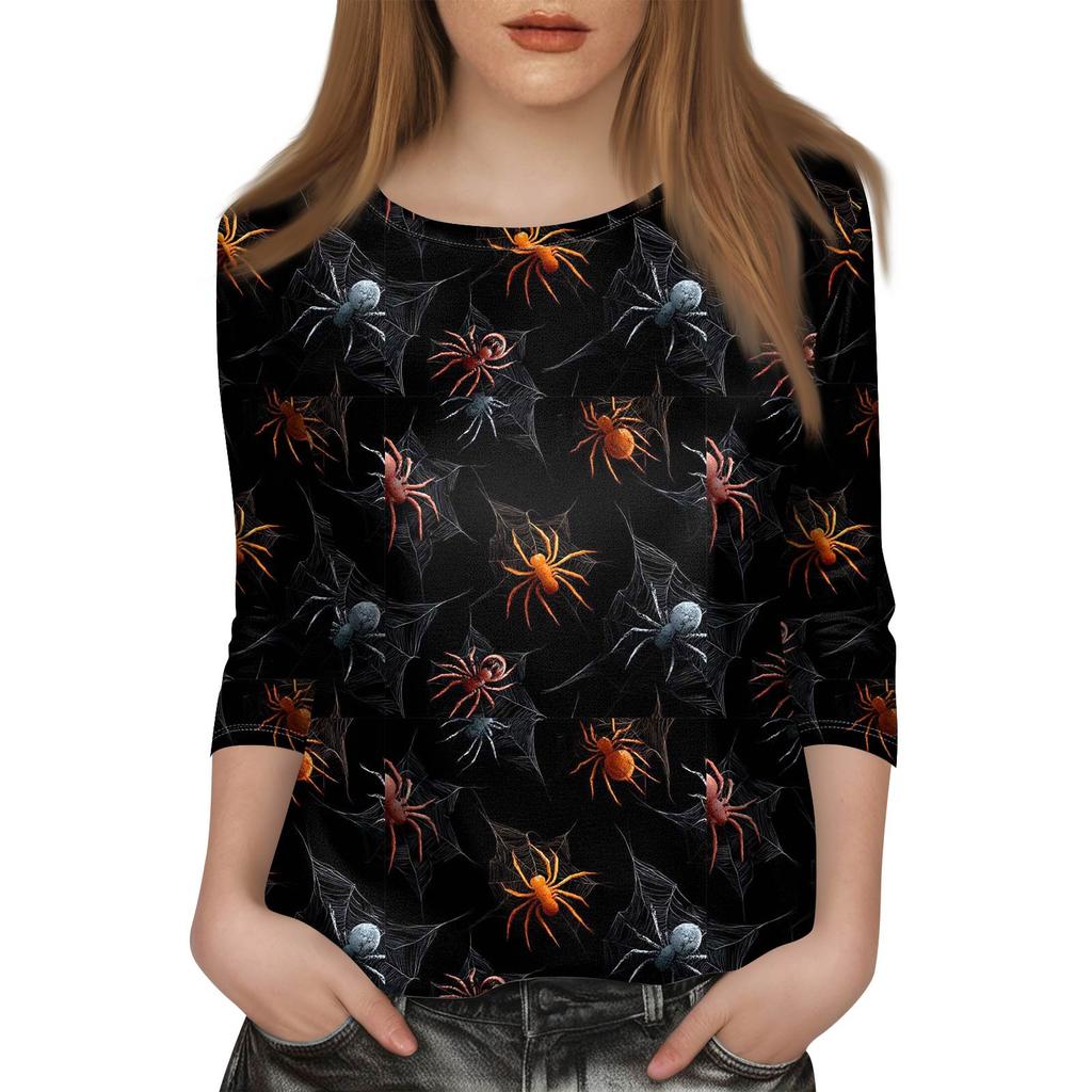 Dámské módní ležérní tričko s tříčtvrtečním rukávem a halloweenským potiskem, s kulatým výstřihem