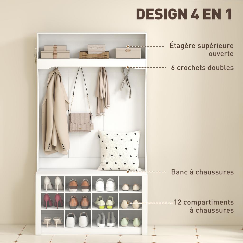 4-in-1 Coat Rack with Bench, 12 Shoe Compartments, 6 Hooks and Open Shelf, White