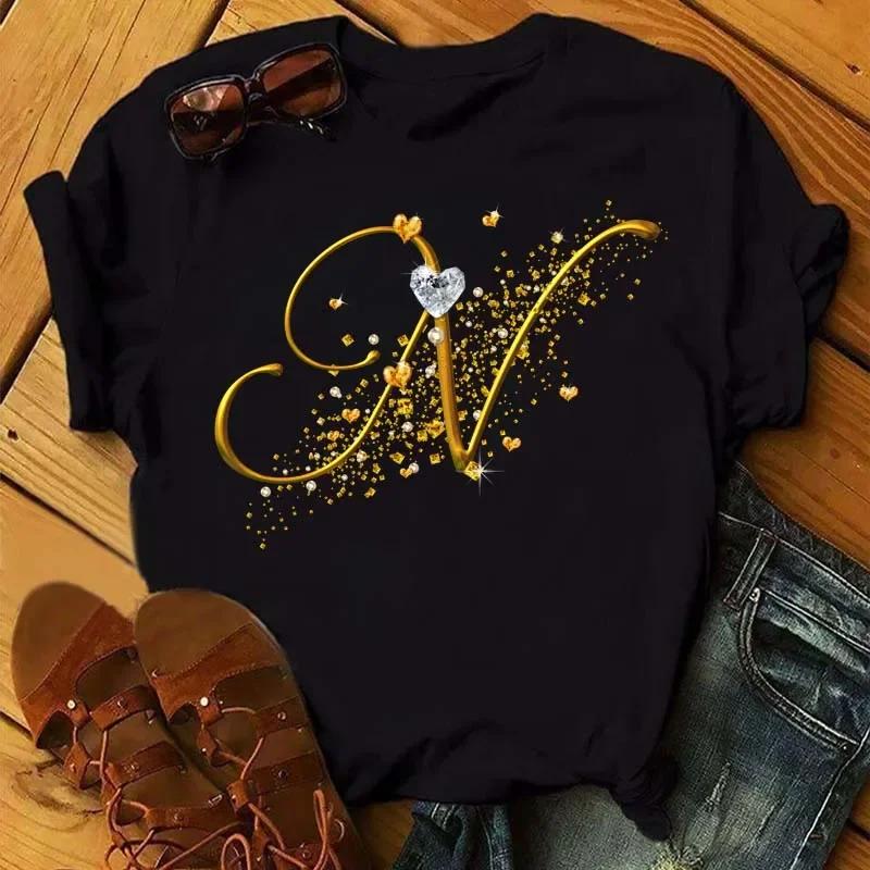 A letter combination Tshirt with a custom name suitable for short sleeved women's clothing with gold diamond letter font ABCDEF