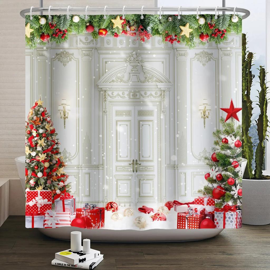 ZHL22Christmas Shower Curtain for Bathroom Waterproof Decoration with Hooks Weighted Lead Hem Heavy Duty Polyester Bath Curt2Ol%