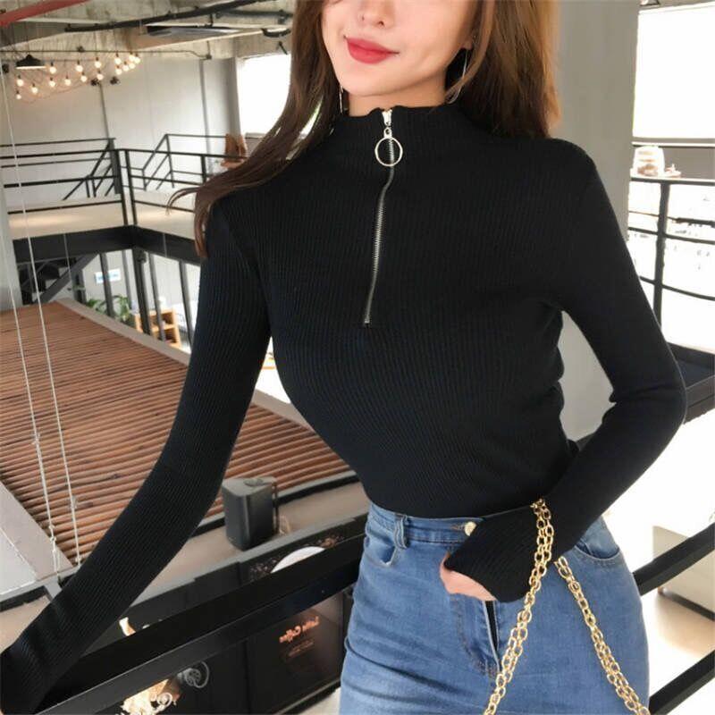 Women's Black Slim Fit Half Turtleneck Long Sleeve Zipper Shirt - 2022 Autumn New Style