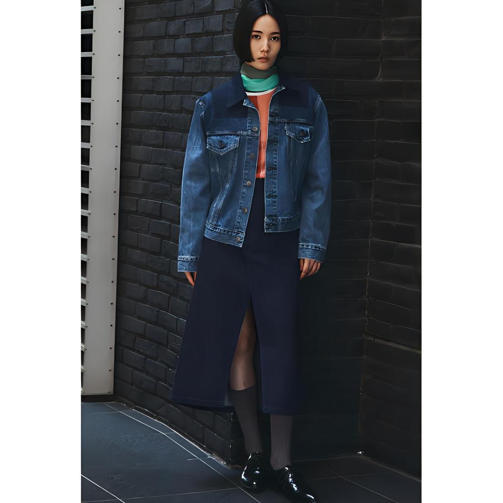 Levis Dunhuang Series Casual Solid Color Vintage Split Hem Denim Maxi Skirt Women Skirts Dark-Blue A7794-0000