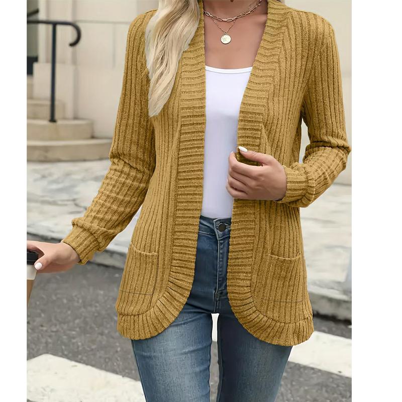 Frühlings- und Herbstmode Damen Einfarbig Lässige Rippstrick Gebürstete Strickjacke