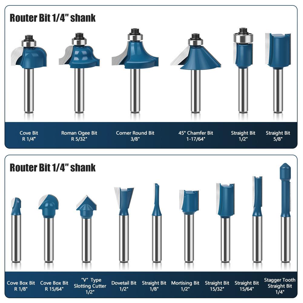1/4 Schaft 15-teiliges Holzbearbeitungsfräser-Set Trimmerkopf Bakelit Nutfräser gerader Fräser Holzbearbeitungswerkzeug