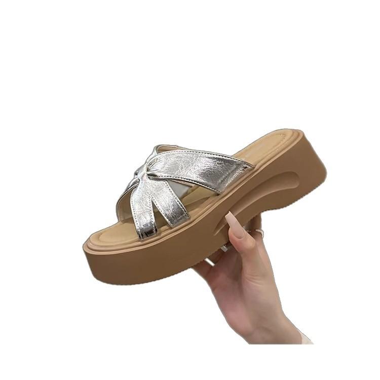 Thick-soled heightening silver cool slippers women's summer wear new high-end Boken one-word sandals