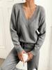 Women's V-Neck Long Sleeve Sweater & Elastic Waist Joggers Two-Piece Set - Autumn/Winter Collection