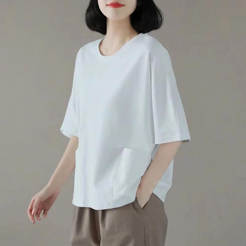 

Foreign pocket design sensual versatile short-sleeved top summer new crew neck women s clothing M білий
