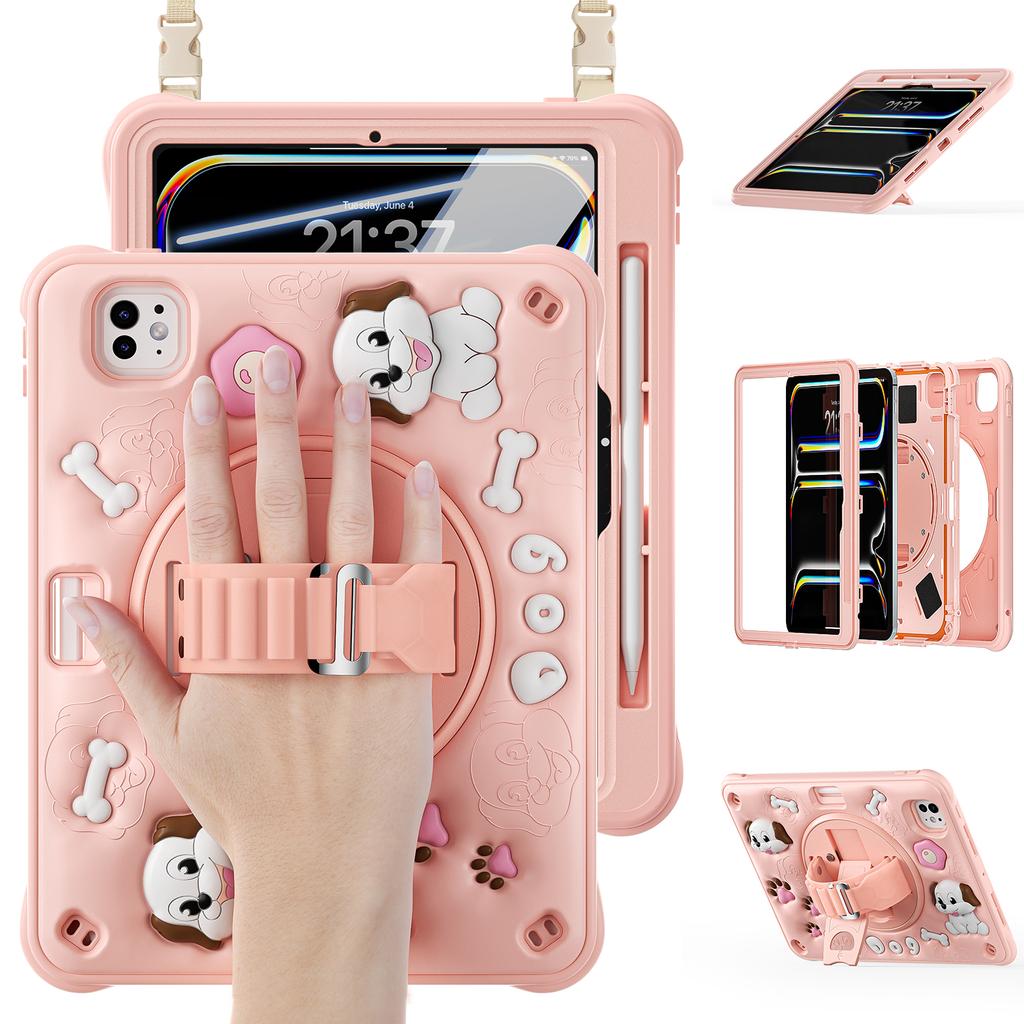 For iPad Pro 11 (2025)/11 (2024) Case with Shoulder Strap Kickstand Cute Dog PC+Silicone+TPU Tablet Cover