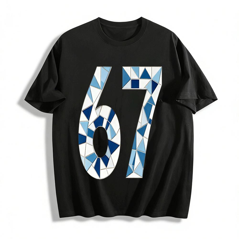 

Blue White Mosaic Number 67 Print Casual Top Pure cotton T-shirt XXS