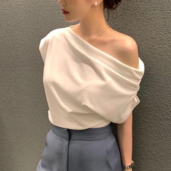 Korean Chic One-Shoulder Irregular Loose Solid Color Pullover T-Shirt