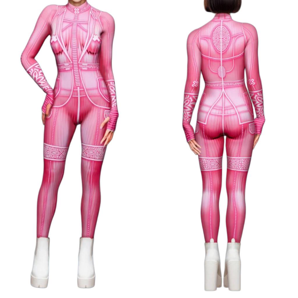 Women Dance Pink Tights Adults Halloween Party Cosplay Dress Up Cyber Punk 3D Digital Printing Jumpsuit