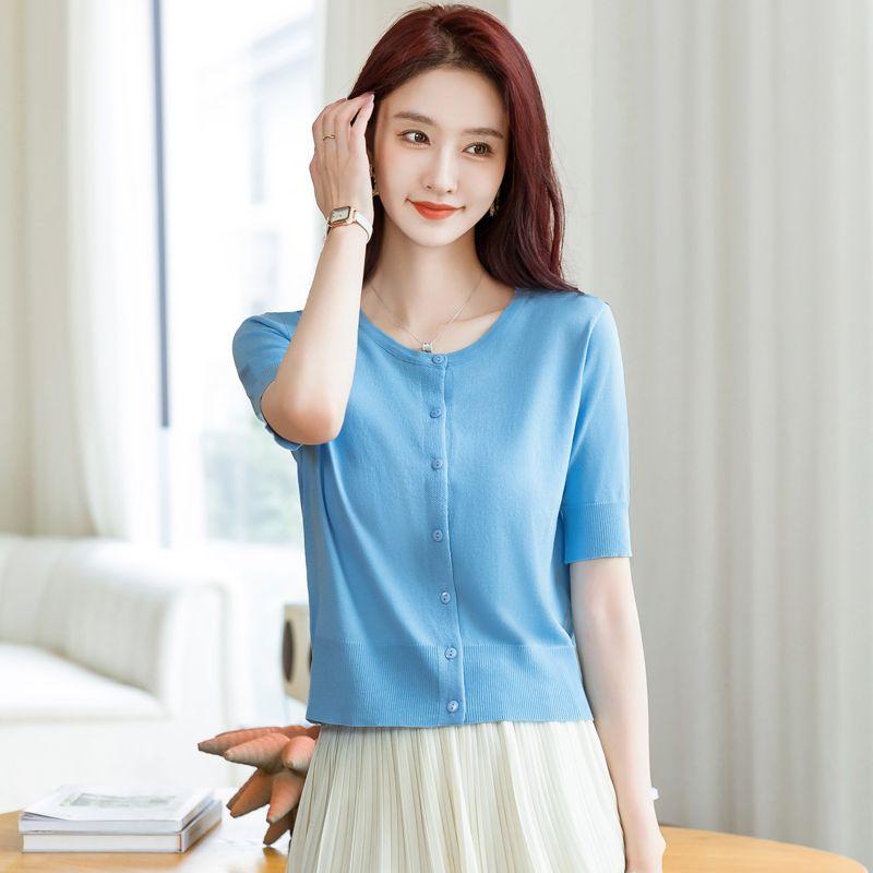 Spring Women's Elegant Solid Button Up Short Sleeve Knitted Blouse