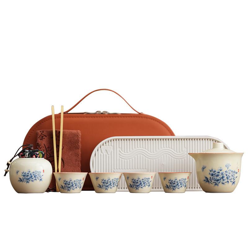 High-value peony travel Qingyun small set Huang Ru kiln business trip Kung Fu teacup portable leather bag gift