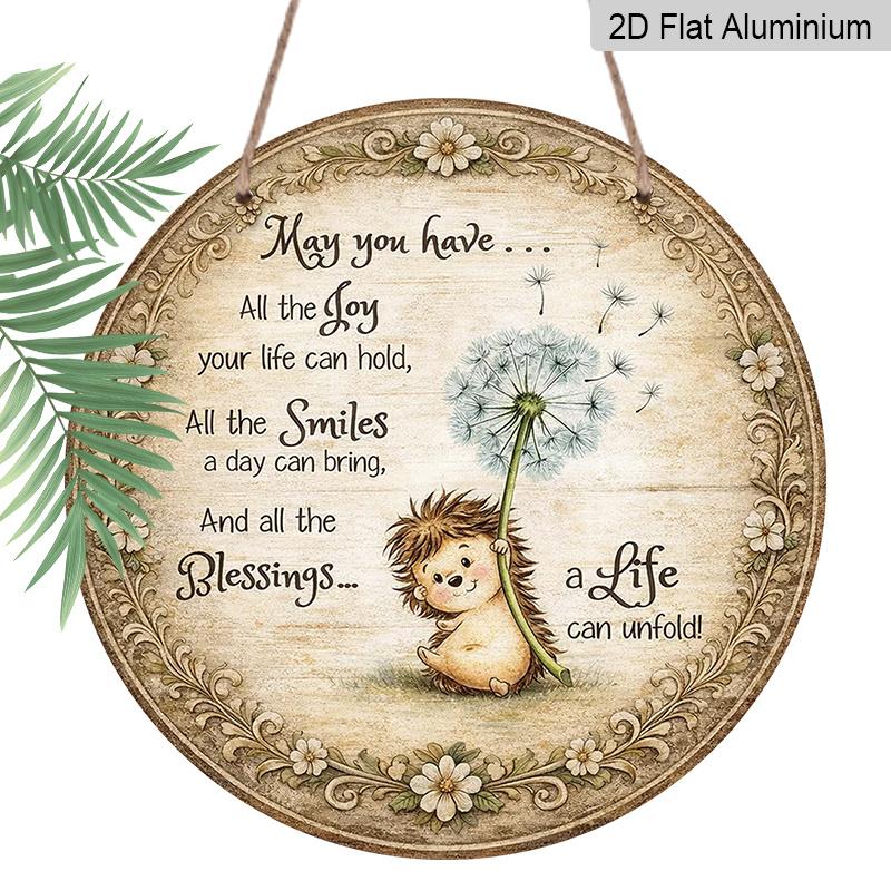 2D Flat, 1pc Round Aluminum Hanging Sign | Cute Hedgehog And Dandelion Vintage Wall Hanging, Inspirational Quotes For Living Room, Bedroom, Study