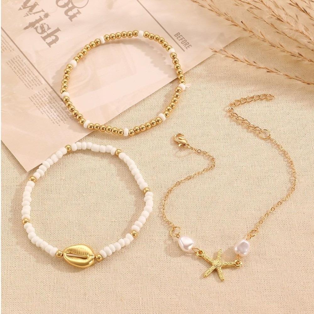 3Pcs Stretch Shell Bracelet Set Pearl Multiple Layers Bracelet Fashion Beaded Bracelet Set  Beach