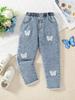 Trendy and Fashionable Butterfly-decorated Elastic Waist Denim Pants for Girls, New Summer Style.