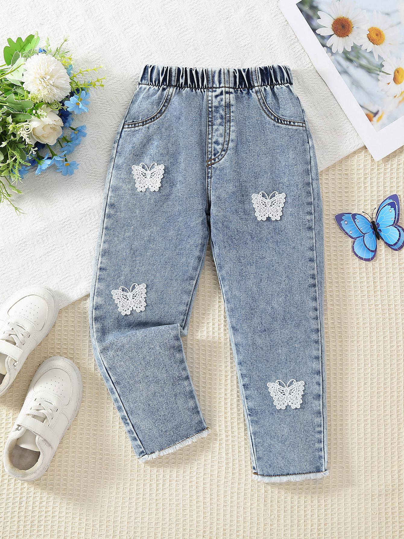 

Trendy and fashionable butterfly-decorated elastic waist denim pants for girls, new summer style. 7Y світло-синій колір