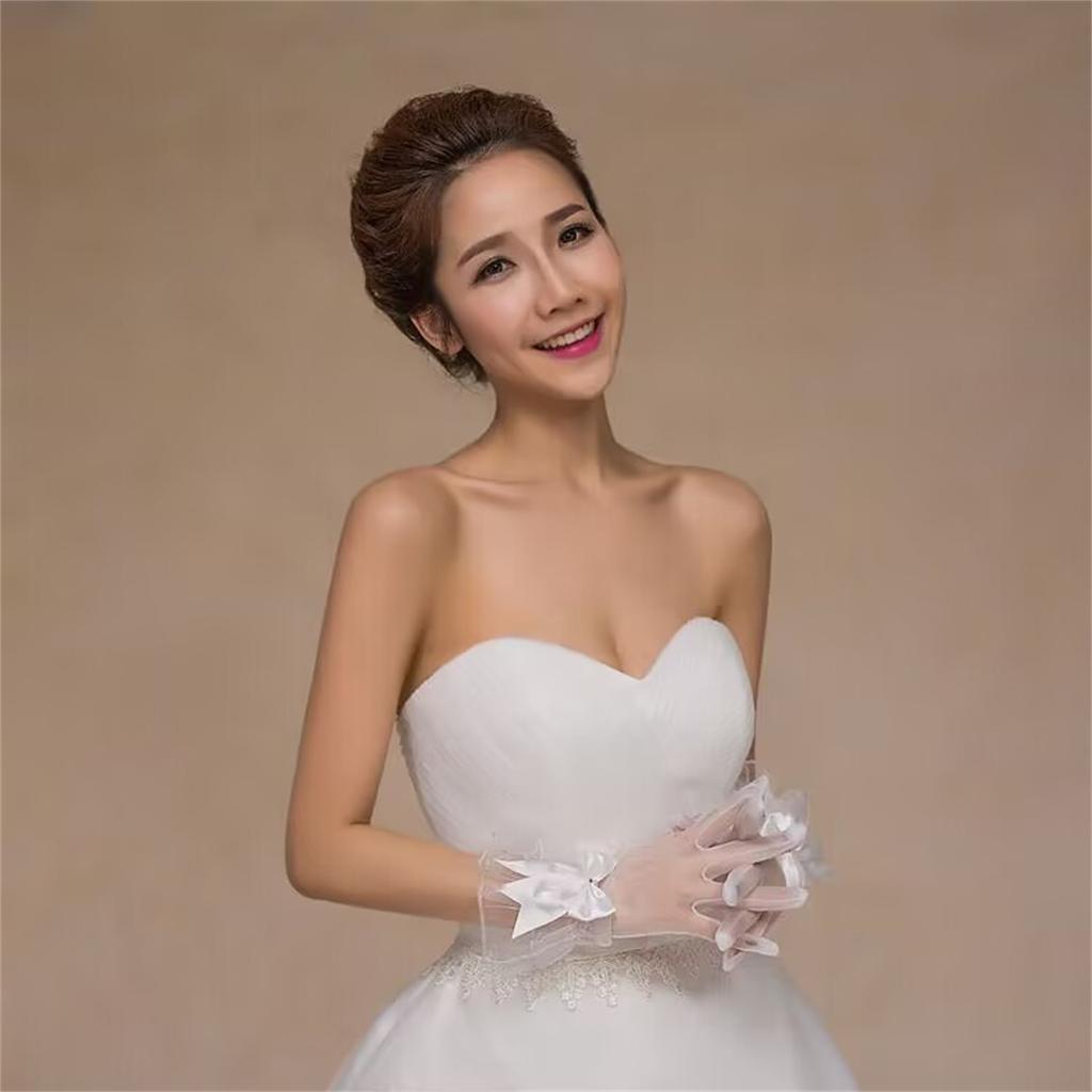 Seethrough Bowknot Mesh Gloves for Evening Party Short Gloves Bridal Gloves Wedding Accessory Handwear for Special Event