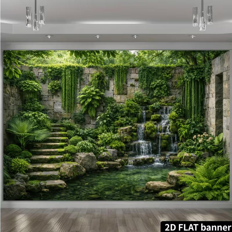 2D Stone Wall Vine Waterfall Pond Wall Tapestry