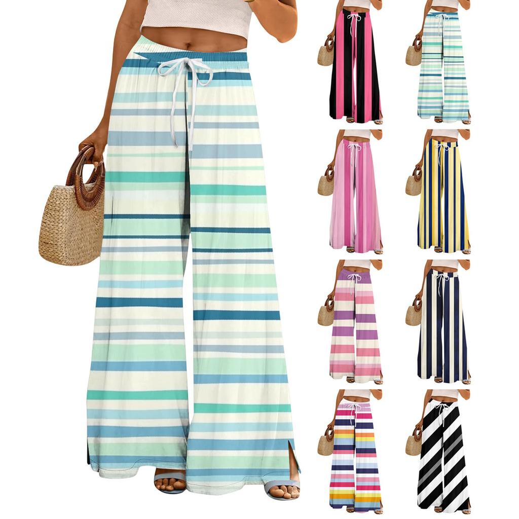 Women's Wide Leg Pants With Elastic Waistband Printing Large Pockets Patchwork Edge, Loose Pants