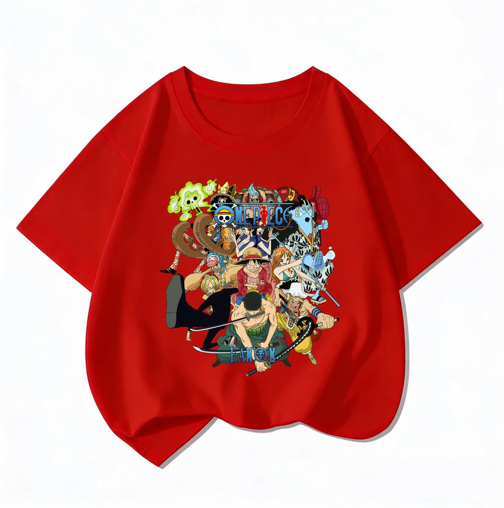 Bandai One Piece Luffy Crew Kids T-Shirt Cotton Boys Girls Summer Short Sleeve Clothes Children Anime Graphic Tees