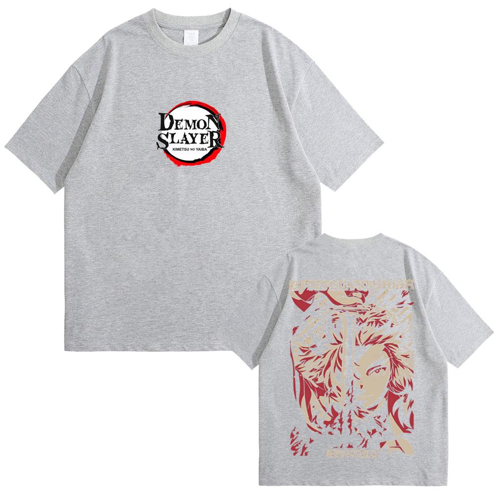 Anime Demon Slayer Rengoku Kyoujurou Double Sided Print T-shirt Summer Men Women Casual Oversized Tshirt Male Vintage T Shirts