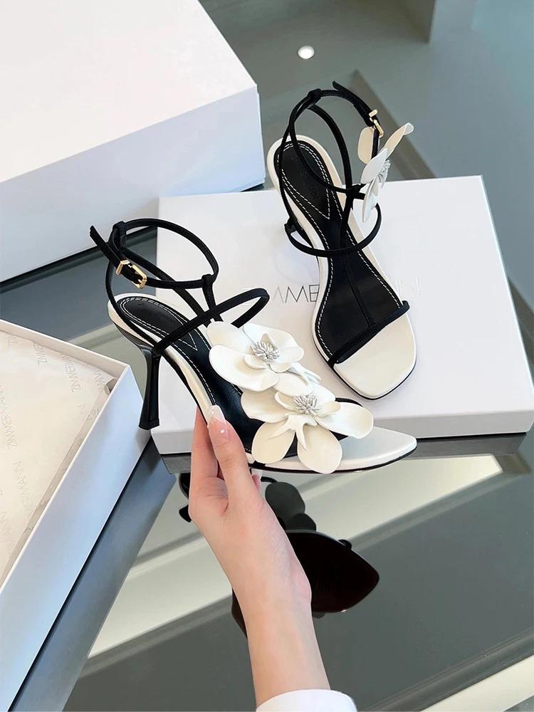 Fashion Flower T-Tied Women's Sandals Square Toe Stiletto Side Air Slingback High Heel One Word Belt Buckle Strap Elegant Shoes Wedding
